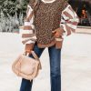 Striped Leopard Sweatshirt for Women Color Block Patchwork Drop Shoulder Side Slit Pullover Shirt Tops