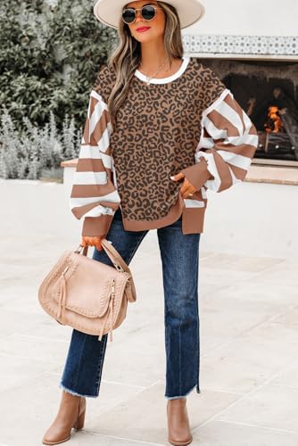 Striped Leopard Sweatshirt for Women Color Block Patchwork Drop Shoulder Side Slit Pullover Shirt Tops