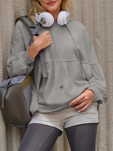 Womens Oversized Hoodies Sweatshirts Casual Lantern Long Sleeve Drawstring Peplum Hem Loose Hooded Pullover Tops