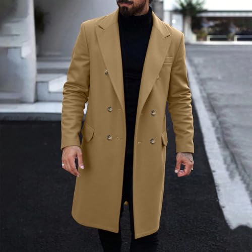 Mens Trench Coat Long Casual Single Brested Overcoat Winter Notched Collar Wool Blend Peacoat with Pockets