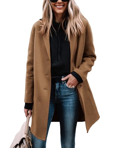 Women's Wool Coat Mid-Length Notch Lapel Single Breasted Trench Pea Coats Casual Outerwear