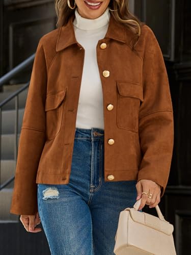 Womens Faux Suede Leather Jackets Cropped Casual Lapel Collar Button Down Oversized Fall Vintage Shackets