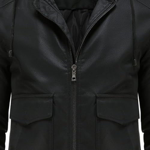 Faux Leather Jacket for Men Vintage Leather Motorcycle Biker Jackets Warm Windproof Zip-Up Hooded Coats Outerwear
