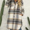 Women's Long Plaid Shirt Jacket Shacket Lapel Button Down Woolen Blend Casual Tartan Over Shirt Trench Coat
