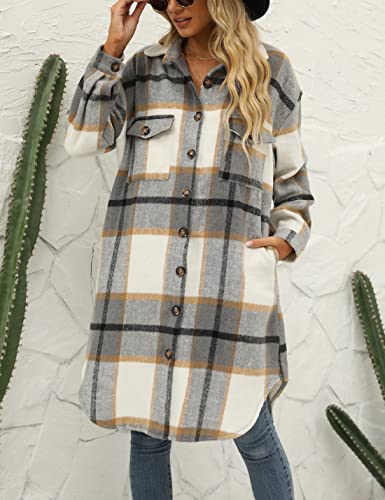 Women's Long Plaid Shirt Jacket Shacket Lapel Button Down Woolen Blend Casual Tartan Over Shirt Trench Coat