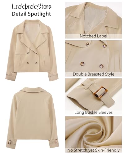 Cropped Trench Coat for Women Double Breasted Long Sleeve Work Office Business Casual Fall Short Jackets