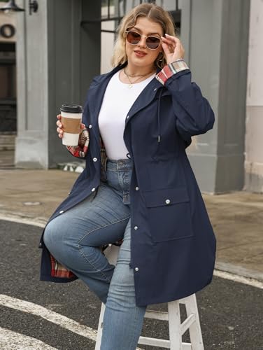 Plus Size Rain Jackets for Women Raincoats Waterproof Windbreaker Jacket Hooded Outdoors Trench Coat with Pockets