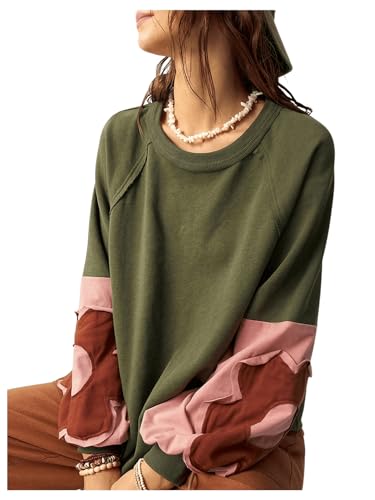 Women's Oversized Sweatshirt Patchwork Crewneck Sweatshirt Floral Boho Long Sleeve Pullover Tops