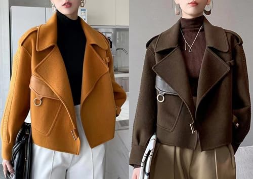 Women Cropped Wool Coats Warm Pea Coat Notched Lapel Open Front Trench Overcoat Jackets with Pockets