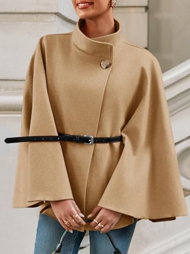 Womens Batwing Sleeve Poncho Pea Coats Oversized Belted Trendy Casual Stand Collar Cloak Cape Coats