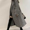 Women's Houndstooth Trench Coat Notch Lapel Double Breasted Quilted Lined Long Jacket Overcoat Pea Coat