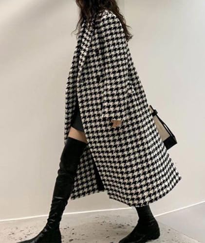 Women's Houndstooth Trench Coat Notch Lapel Double Breasted Quilted Lined Long Jacket Overcoat Pea Coat