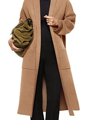 Womens Long Sleeve Maxi Cardigan Open Front Oversized Knitted Sweater Coat Casual Lapel Warm Overcoat with Pockets