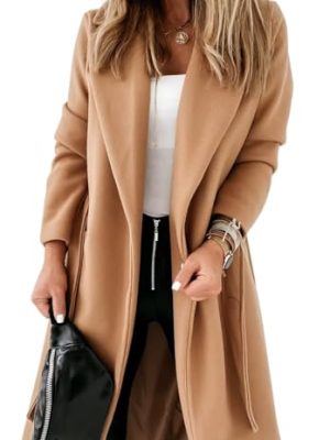 Womens Classic Coat Lapel Collar Open Front Belted Long Jacket