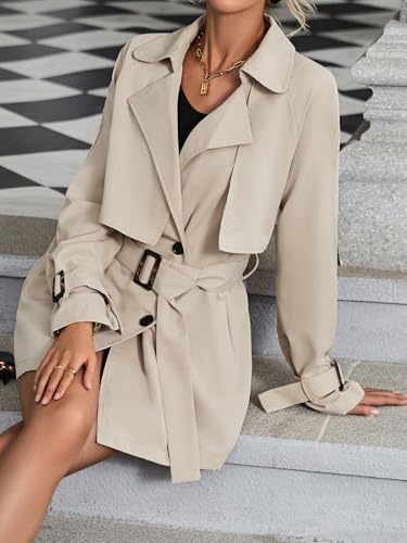 Women's Solid Double Breasted Long Trench Coat Raglan Sleeve Belted Lapel Overcoat
