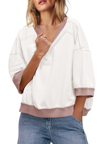 Womens 3/4 Length Sleeve Tops Oversized Fall Sweatshirts Crewneck Striped Shirt Casual Pullover Sweatshirts