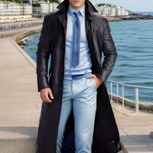 Men's Full Length Faux Leather Trench Coat Vintage Long Coats Fall Winter Windproof Jacket Open Front Cardigan