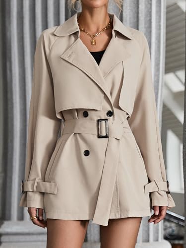 Women's Solid Double Breasted Long Trench Coat Raglan Sleeve Belted Lapel Overcoat