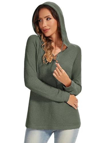 Hoodies for Women Waffle Knit V Neck Oversized Sweatshirt Button Down Drawstring Hooded Pullover Tops for Fall 2025