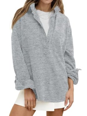 Womens Oversized Sweatshirt Casual Long Sleeve Henley V Neck Pullover Tops Fall Outfits Clothes