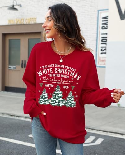 Womens White Christmas Sweatshirt Crewneck Christmas Tree Graphic Shirts Oversized Xmas Pullover Sweater
