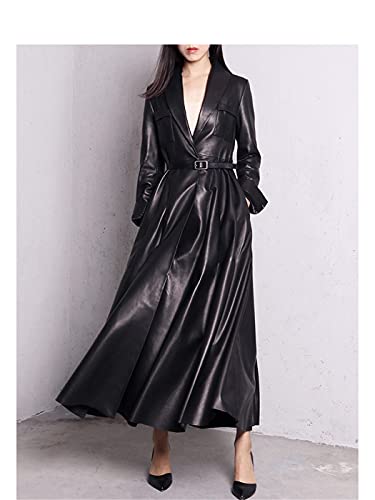Red Black Maxi Leather Trench Coat, Women Long Skirted Elegant Overcoat Plus Size