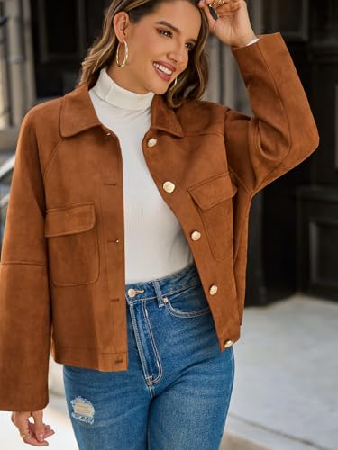 Womens Faux Suede Leather Jackets Cropped Casual Lapel Collar Button Down Oversized Fall Vintage Shackets