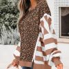 Striped Leopard Sweatshirt for Women Color Block Patchwork Drop Shoulder Side Slit Pullover Shirt Tops
