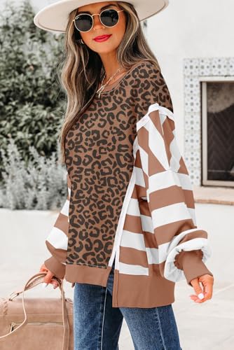 Striped Leopard Sweatshirt for Women Color Block Patchwork Drop Shoulder Side Slit Pullover Shirt Tops