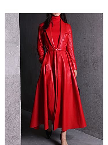 Red Black Maxi Leather Trench Coat, Women Long Skirted Elegant Overcoat Plus Size