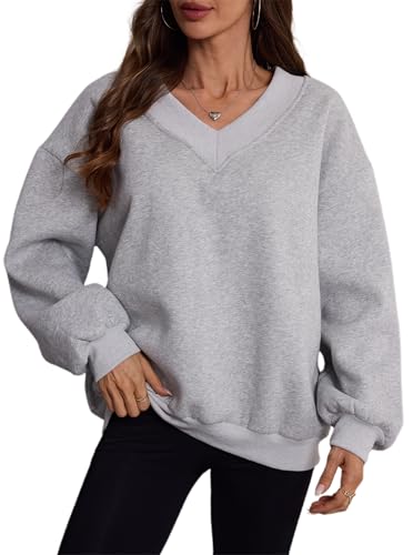 Womens V Neck Oversized Sweatshirts Casual Drop Shoulder Long Sleeve Pullover Tops