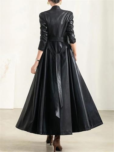 Women's Belted Long-Sleeved Single-Breasted Spring Soft Waterproof Leather Trench Coat
