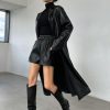 womens trench coat Lapel Neck Belted PU Leather Trench Coat