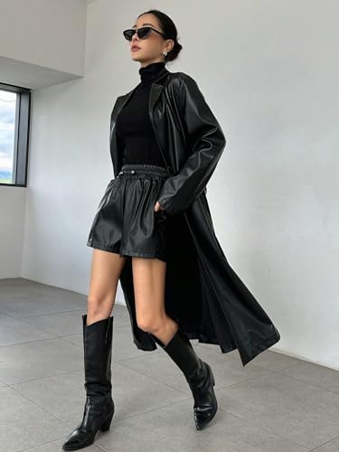 womens trench coat Lapel Neck Belted PU Leather Trench Coat
