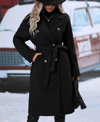 Women's Winter Wool Blend Pea Coat Double Breasted Notch Lapel Long Trench Coat