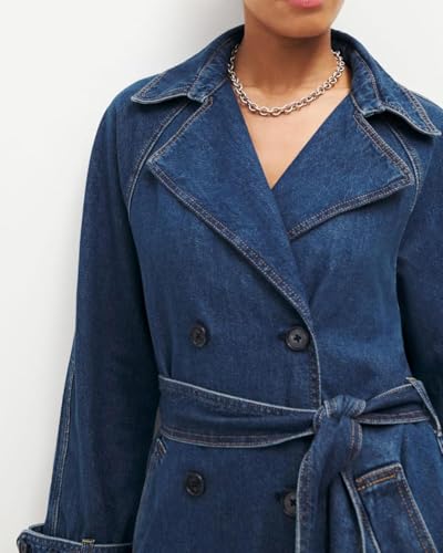 Women's Denim Trench Coat Double Breasted Jean Midi Overcoat Classic Lapel Long Jackets With Belt