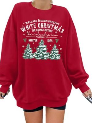 Womens White Christmas Sweatshirt Crewneck Christmas Tree Graphic Shirts Oversized Xmas Pullover Sweater