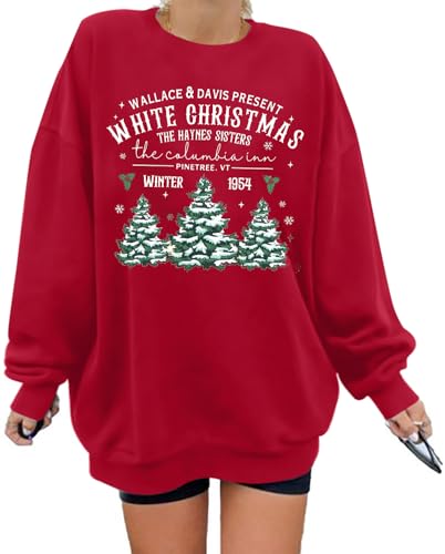 Womens White Christmas Sweatshirt Crewneck Christmas Tree Graphic Shirts Oversized Xmas Pullover Sweater
