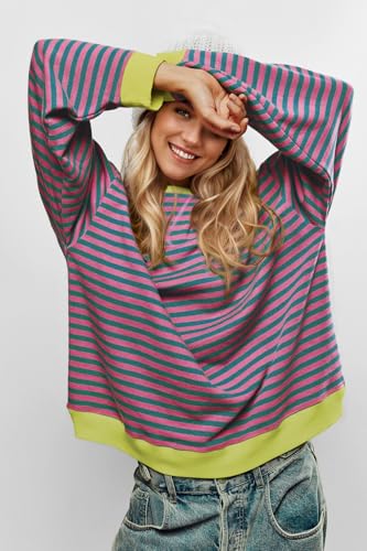Women Oversized Striped Crewneck Sweatshirt Long Sleeve Color Block Pullover Tops Casual Loose Workout Shirt