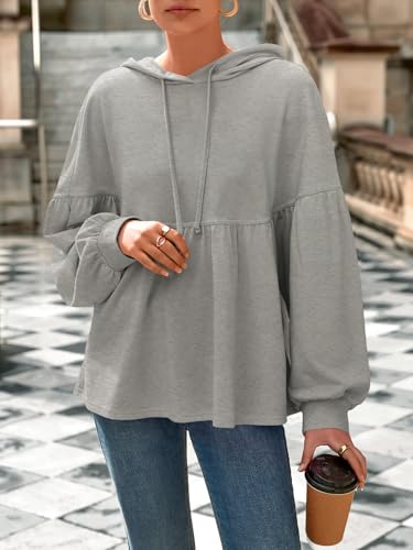 Womens Oversized Hoodies Sweatshirts Casual Lantern Long Sleeve Drawstring Peplum Hem Loose Hooded Pullover Tops