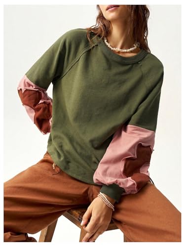 Women's Oversized Sweatshirt Patchwork Crewneck Sweatshirt Floral Boho Long Sleeve Pullover Tops
