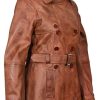 Ladies Leather Trench Coat Tan Mid Length Coat Classic Jacket