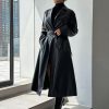 womens trench coat Lapel Neck Belted PU Leather Trench Coat