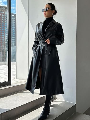 womens trench coat Lapel Neck Belted PU Leather Trench Coat