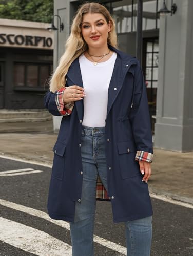 Plus Size Rain Jackets for Women Raincoats Waterproof Windbreaker Jacket Hooded Outdoors Trench Coat with Pockets