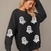 Halloween Sweatshirts for Women Sequin Ghost Long Sleeve Shirt Oversized Spooky Season Pullover Tops