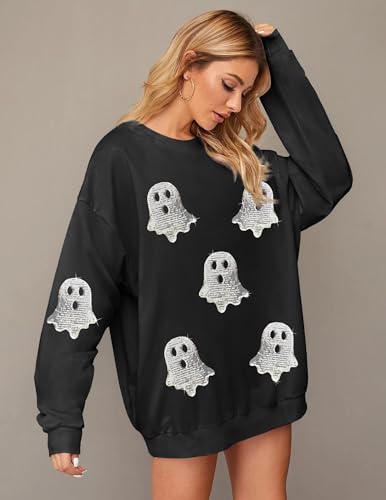 Halloween Sweatshirts for Women Sequin Ghost Long Sleeve Shirt Oversized Spooky Season Pullover Tops