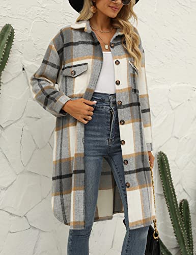 Women's Long Plaid Shirt Jacket Shacket Lapel Button Down Woolen Blend Casual Tartan Over Shirt Trench Coat