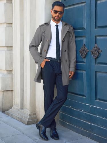Men's Trench Coat Double Breasted Notched Lapel Long Jacket Belted Windbreaker Casual Slim Fit Overcoat