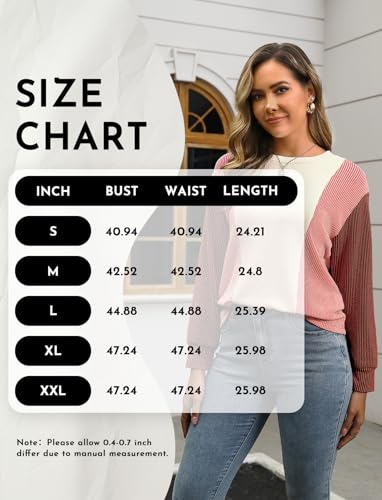Womens Long Sleeve Tops Color Block Crewneck Knitted Casual Pullover Sweatshirt Loose Fit Fall Trendy Tops